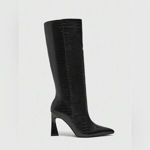 New Women Black Heeled Boots Crocodile Pattern Wide Shaft Pointed Toe, size 39